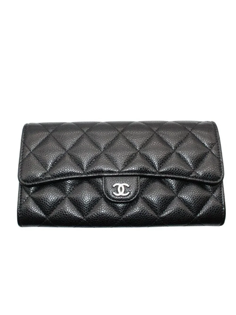 Chanel Wallet Quilted Caviar Leather Black Silver